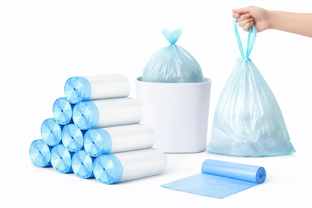 Garbage bags on rolls in HDPE and LDPE, star-seal and drawstring trash bags