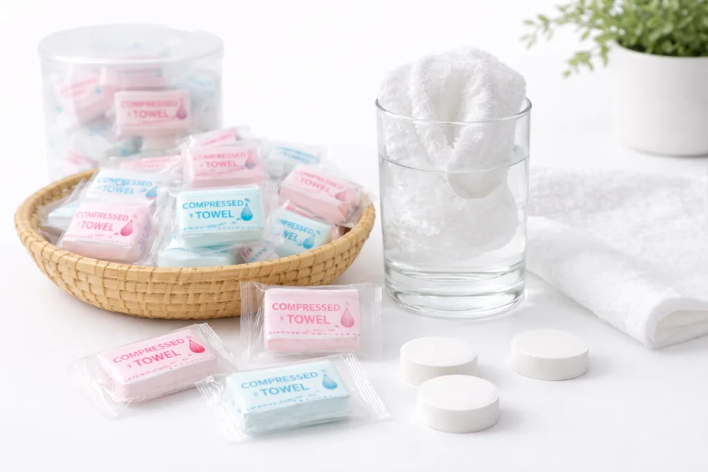 Compressed towel tablets that expand with water, a component of airline amenity kits